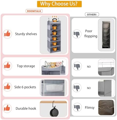 5-Shelf Hanging Closet Organizer and Storage with Side Pockets, Collapsible Closet Hanging Shelves for Storage, Grey - Image 7