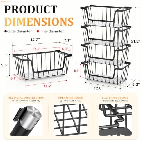 SUNALLY Stackable Storage Bins 4 Pcs Wire Baskets Freezer Organizer, Black - Image 2