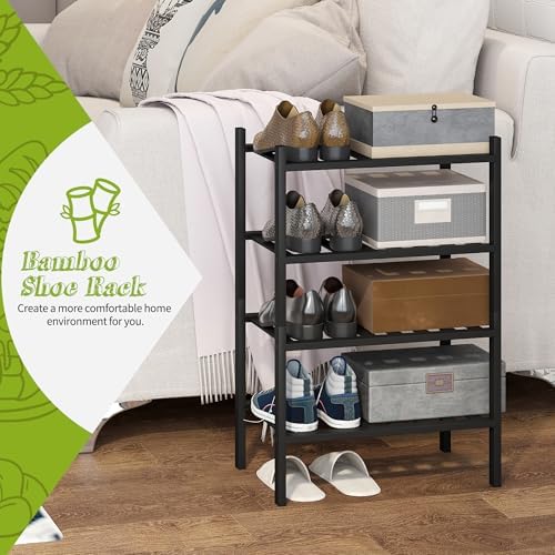 BMOSU 4-Tier Bamboo Small Shoe Rack Premium Stackable Shoe Shelf Storage Organizer for Hallway Closet Living Room Entryway Organizer (Black Bamboo) - Image 3