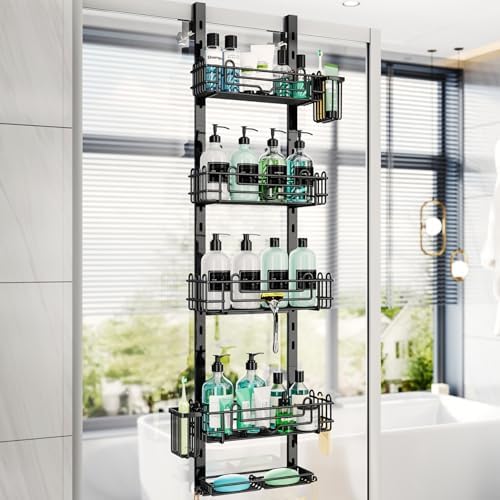 HapiRm 5 Tier Over the Door Shower Caddy, Hanging Shower Caddy with 28 Hooks and 2 Toothbrush Holders, No Drilling Adjustable Hanging Bathroom Organizer - Black by HapiRm