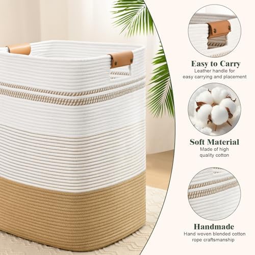 Laundry Hamper, 95L Tall Laundry Basket with Leather Handles, Rectangle Large Clothes Hamper for Organizing, Cotton Woven Laundry Baskets Storage Hampers for Bedroom, Nursery, Living Room - Image 6