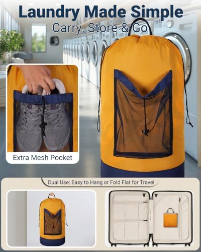 Laundry Bag with Shoulder Straps and Mesh Pocket Laundry Backpack Large Portable Laundry Hamper for College Laundromat Apartment - Image 3