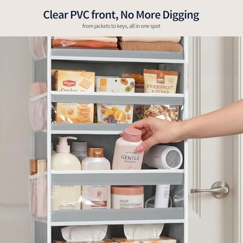 Yecaye 7 Tier Over the Door Organizer, Large Capacity Door Organizer Hanging with Clear PVC Windows, Behind the Door Storage for Bedroom Nursery Closet Laundry Pantry Bathroom, Grey - Image 2