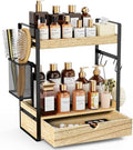 2-Tier Bathroom Counter Organizer with Drawer Basket and Hooks, Wood Bathroom Organizers and Storage for countertop, Farmhouse Brown Countertop Organizer, Counter Shelf for Vanity, Kitchen, Office by Ukonvi