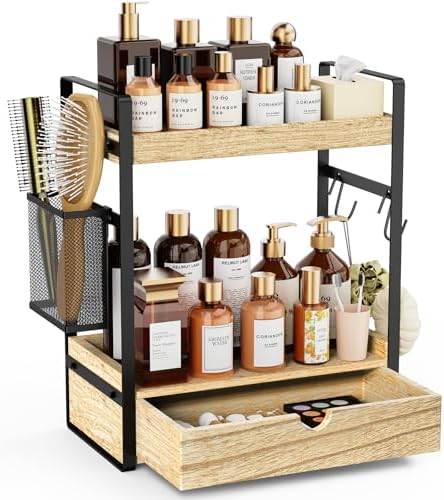 2-Tier Bathroom Counter Organizer with Drawer Basket and Hooks, Wood Bathroom Organizers and Storage for countertop, Farmhouse Brown Countertop Organizer, Counter Shelf for Vanity, Kitchen, Office by Ukonvi