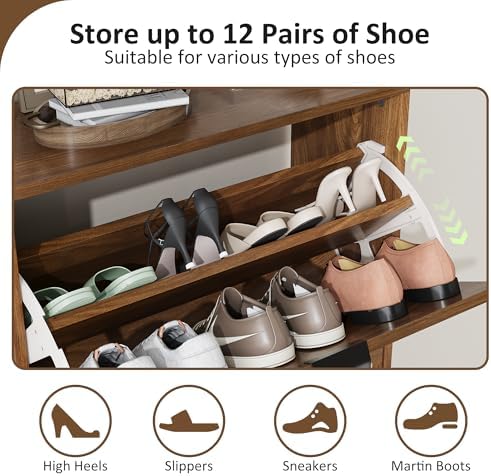 Shoe Cabinet Storage for Entryway with 2 Flip Drawers, Narrow Shoe Cabinet for Entryway, Hidden Slim Shoe Organizer Rack Cabinet (Brown, 23.6" W) - Image 4