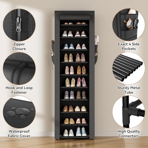 ROJASOP Shoe Rack with Covers 10 Tier Large Shoe Organizer Tall Shoe Closet Storage for 20-22 Pairs Shoe and Boot, Free Standing Shoe Rack Organizer for Closet, Entryway, Bedroom, Black - Image 4