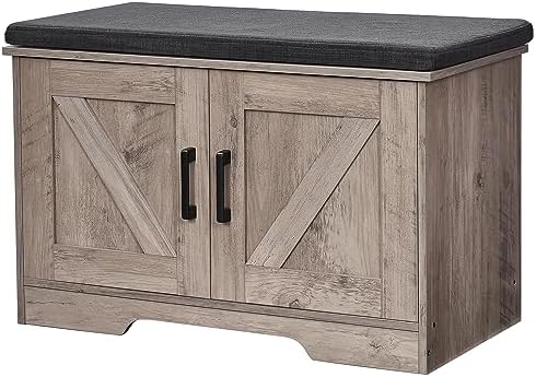 HOMSHO Farmhouse Shoe Storage Bench with 2 Barn Doors & Padded Seat Cushion by HOMSHO