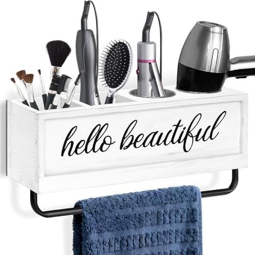 Hair Dryer Holder Wall Mounted, Hair Tools and Styling Organizer with Towel Bar, Farmhouse Beauty Hair Appliance Holder for Flat Iron, Curling Wand, Towel Rack (White) by CusUnik