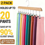 2-Pack Pants Hangers with Clips – 10 Clips Each, Space Saving Closet Organizer Hanger for Leggings, Jeans, Hats, Shorts, Belts, Scarves – Closet Organizer(2, Wood) - Image 3