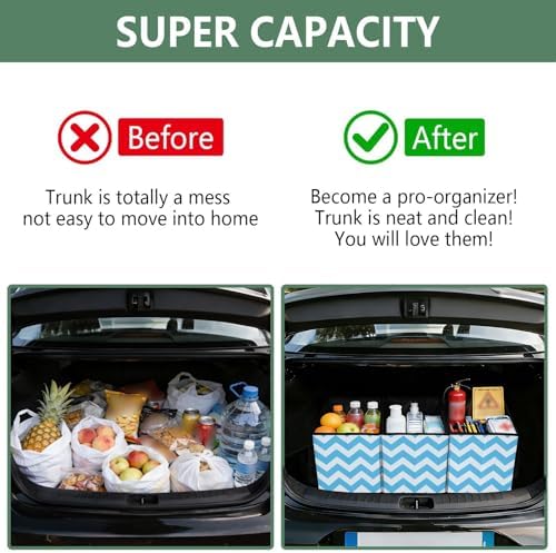 Trunk Organizer Collapsible Car Organizer with Handle Car Storage Box Bin for Groceries SUV Utility Tote Bag Portable Vehicle Container Sky Blue Zigzags - Image 4