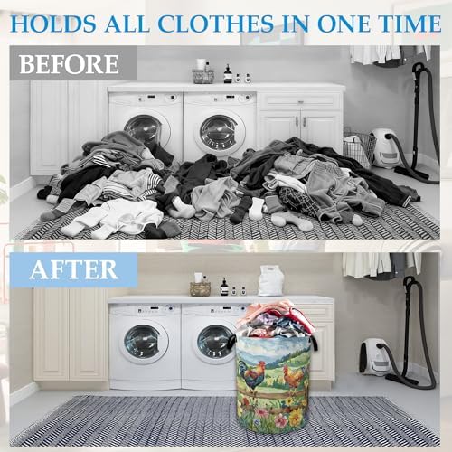 Rooster Laundry Hamper Farm Floral Laundry Basket Collapsible Portable Clothes Storage Bin for Bathroom Bedroom Room Decor 16 X 20.8 Inch - Image 4