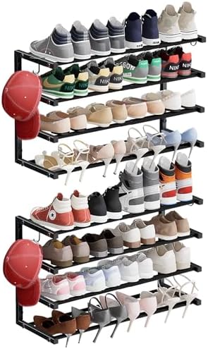 2 Pack Wall Mounted Shoe Rack, 4 Tier Hanging Shoe Rack Holds 32 Pairs, 17"-30"Adjustable Heavy Duty Wall Shoe Shelf with 4 Storage Hooks, Space Saving for Closet Entryway, Black, Patent Pending by HomeOrganizerandStorage