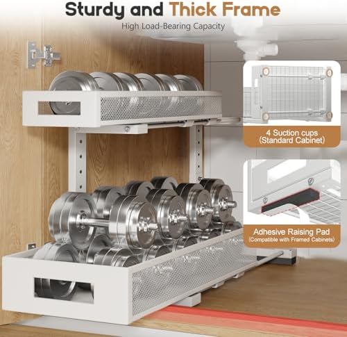 2 Pack 19IN Depth Under Sink Storage Organizer, Large 2-Tier Elegant Mesh Pull Out Shelf for Kitchen and Bathroom Cabinet Organization, L-Shaped and Adjustable Height Design-White - Image 3
