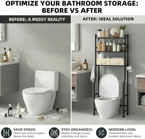 GloTika 3-Tier Over Toilet Storage, Anti-Tilt, 64" H, Black, 2 Baskets - Image 7