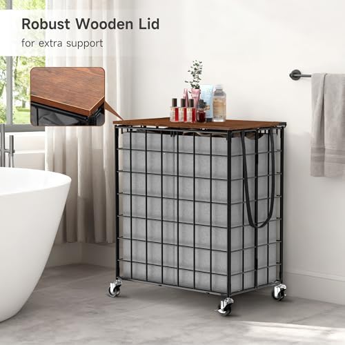 Laundry Basket with Wheels, Heavy Duty Laundry Sorter 2 Sections, 120L (32Gal.) Large Capacity Laundry Hamper with Wood Lid, 360 Rolling Wheels, Extra Side Pocket, Leather Pull Handle, Grey - Image 7