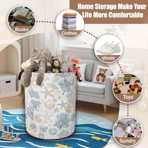 Seashells Starfish Laundry Basket,Waterproof Foldable Laundry Hamper,Dirty Clothes Basket, Linen Bin Storage Organizer Collection 16" x 20.8" - Image 3