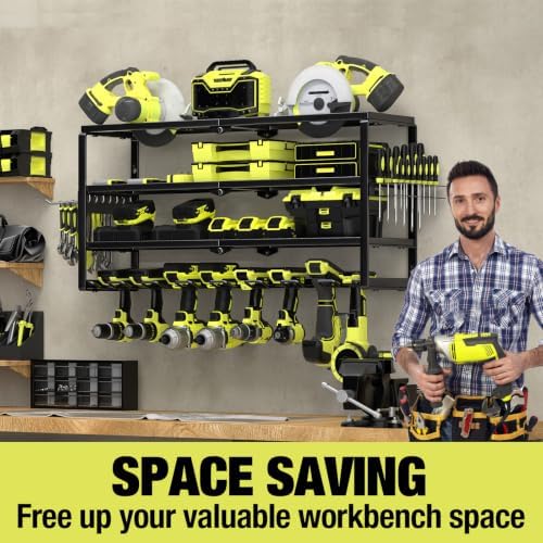 MOOMSINE 4 Layer Power Tool Organizer Wall Mount, Battery Tools Holder with Charging Station Shelf, Cordless Drill Hanger Storage Rack for Garage Organization, Workshop, Pegboard - 32 Inch 8 Slots - Image 4