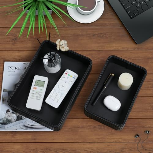 Desk Organizer Tray, PU Leather Nightstand Organizer, Black 2-Pack - Image 2