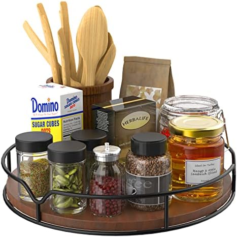 Lazy Susan Turntable Organizer with Anti-Slip Mat for Cabinet Pantry Kitchen Countertop Refrigerator Office, Pine Wood, 10", Brown by AXTEE