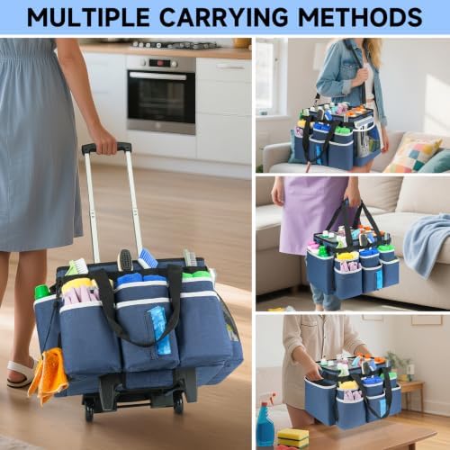 Large Rolling Cleaning Caddy Bag with Detachable Trolley,Cleaning Cart on Wheels with Shoulder Strap,Cleaning Supplies Organizer for Housekeepers,Blue - Image 7