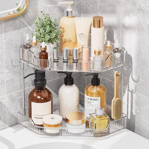 VITVITI 2 Tier Corner Bathroom Counter Organizer, Bathroom Countertop Organizer Storage for Sink, Plastic Makeup Organizer for Vanity Countertop Kitchen with Hooks, Clear by VITVITI