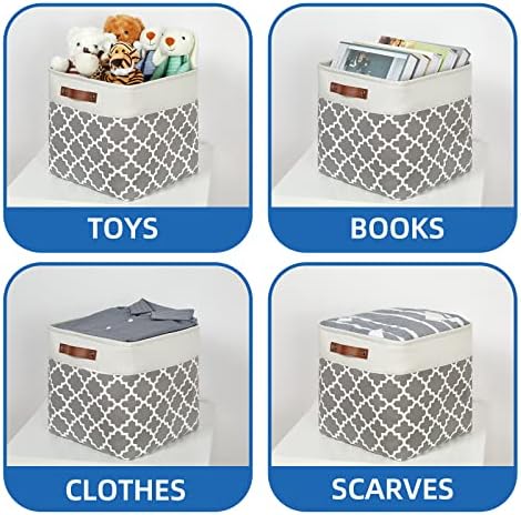 Temary 13ﾗ13ﾗ13 Foldable Storage Cube Baskets Fabric Cube Storage Basket for Organizing Cloth Storage Bins with Leather Handles for Gifts Empty, Closet (Grey Lattice) - Image 4