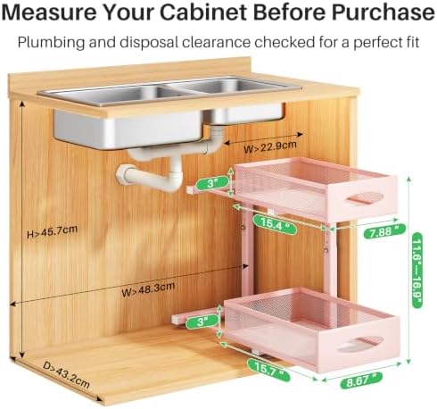 Under Sink Organizer, 2 Tier Pull out Cabinet Organizer Baskets with Mesh Sliding Drawers, Slide out Storage Shelf for Home, Kitchen, Bathroom, Pantry, Office Cabinet(1 Pack, Pink) - Image 2