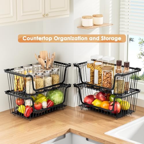 4 Pcs Stackable Wire Baskets for Pantry Organizers and Storage, Black - Image 2