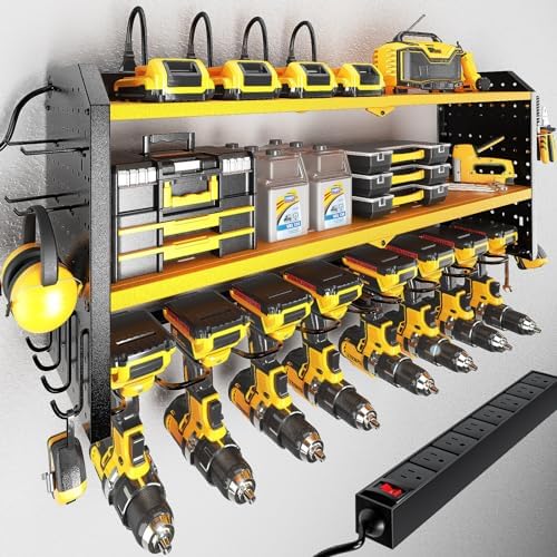 KAFAHOM Power Tool Organizer with Charging Station, Built in 8 Outlet Power Strip,Large 8 Drill Holder Wall Mount, Heavy Duty Metal Power Tool Storage Rack Tool Shelf for Garage Organization Black by KAFAHOM