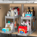 2PC Under Sink Organizer Rack 2 Tier Under Sliding Cabinet Basket Organizer Drawer with 4 Hooks, Multi-purpose Under Sink Storage for Bathroom Kitchen Desktop（Grey） by Pougny