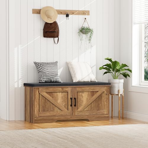 HOMSHO Farmhouse Shoe Storage Bench with 2 Barn Doors & Padded Seat Cushion - Image 5