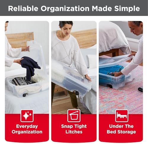 Rubbermaid 68 Quart Under the Bed Low Profile Storage Boxes with Dual Hinged Lids and Easy Rolling Caster Wheels, Clear, 2 Pack - Image 3
