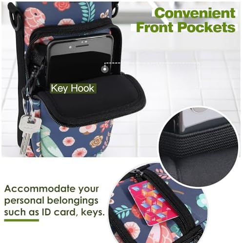 Nuovoware Water Bottle Carrier Bag, 750ml Bottle Pouch Holder, Adjustable Shoulder Hand Strap 2 Pocket Sling Neoprene Sleeve Sports Accessories for Hiking Travelling Camping, Green Bird+Blossoms - Image 2