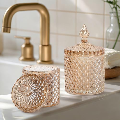 2 Pack Qtip Holder Apothecary Jars with Lid, Small and Large Amber - Image 2