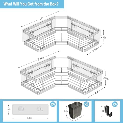 AKTECKE Corner Shower Caddy Shelf Rack: 2 Pack Adhesive Shower Organizer Essentials - No Drilling Stainless Steel Bathroom Storage Rack with Hooks and Toothpaste Holder - Image 4