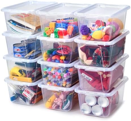 GAMENOTE 6 Quart Storage Bins with Lids, Plastic Latching Box for Classroom & Kids Toy Storage,Stackable Shoe Box Size Containers for STEM Morning Tubs, Crafts & Building Blocks (12, Clear) by Gamenote