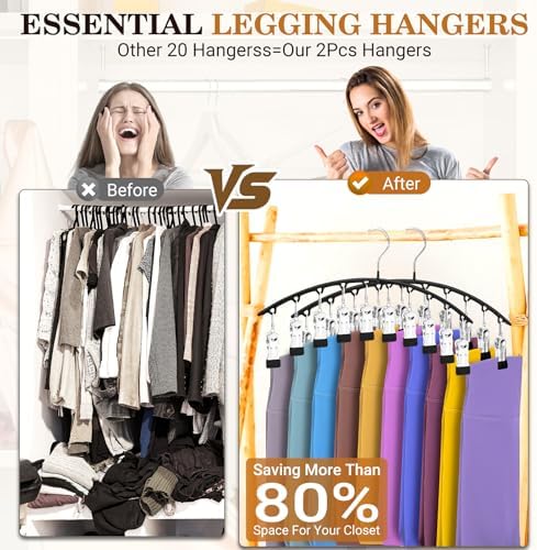 Legging Organizer for Closet, Metal Yoga Pants Hangers 2 Pack w/10 Clips Holds 20 Leggings, Space Saving, Clips Hanger for Pants, Shorts, Scarf, Hats (Black+Grey) - Image 4