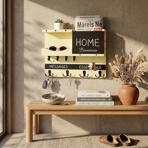 Key Holder Wall Mount with Shelf, Key Hooks for Wall, Ivory Yellow - Image 3
