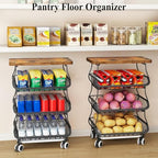 SAYZH 4-Tier Fruit and Vegetable Basket Stand for Kitchen, Wood Top, Black - Image 5