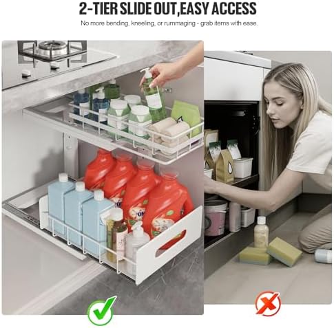 Under Sink Organizer Upgrade To Professional Rails,2-Tier Dual Pull Out Cabinet Storage,Height Adjustable Slide Out Drawers For Bathroom Kitchen,2 Pack-14.5" Dx12.8-16.9" H,White - Image 4