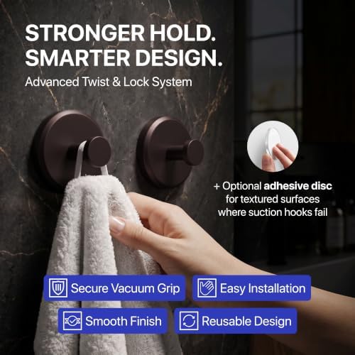 HOME SO Suction Cup Hooks for Shower & Bathroom Towel Holder 2-Pack Bronze - Image 2