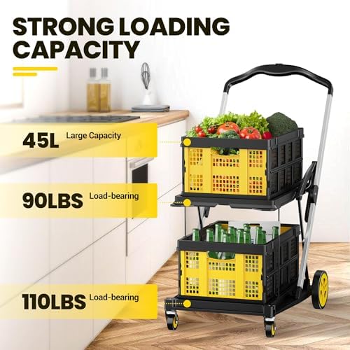 8-in-1 200LBS Collapsible Shopping Cart, Multi Functional Utility Cart with 2 Storage Baskets,Adjustable Handle Grocery Cart on Wheels for Shopping, Warehouse, Home, Supermarket - Yellow - Image 3