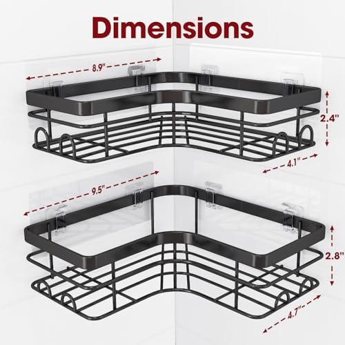 Sakugi Corner Shower Caddy - 2 Pack, Adhesive Shower Organizers, Rustproof Stainless Steel Shower Shelves with 8 Hooks, No Drilling Bathroom Organizers and Storage Racks, Space-Saving, Black, X-Large - Image 2