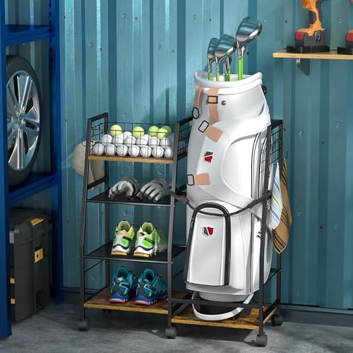 DAOUTIME Golf Bag Garage Storage Rack with Wheels, Organizer for Single Golf Bag and Equipment Accessories, Ideal for Home, Garage, Club, Shed, Basement - Sturdy Wood and Metal Construction (Black) - Image 4