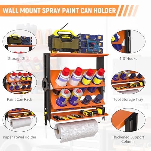 Spray Bottle Holder Wall-Mounted, Aerosol Spray Can Holder, Heavy Duty Paint Bottle Organizer with 8 Can Holes 80 LBS, Utility Storage Rack With Paper Towel Holder for Garage, Shop or Tool Trailer - Image 5