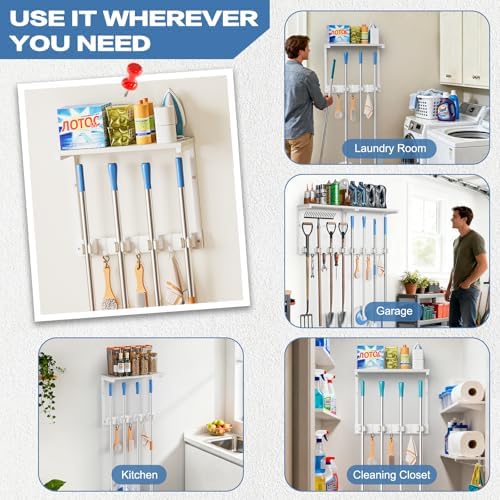 Olakee Broom Holder Wall Mount with Cleaning Supplies Organizer, Laundry Room Organization and Storage Shelves, Mop Hanger Rack with Hooks, Utility Shelf Closet Organizer for Garage Home Improvement - Image 6