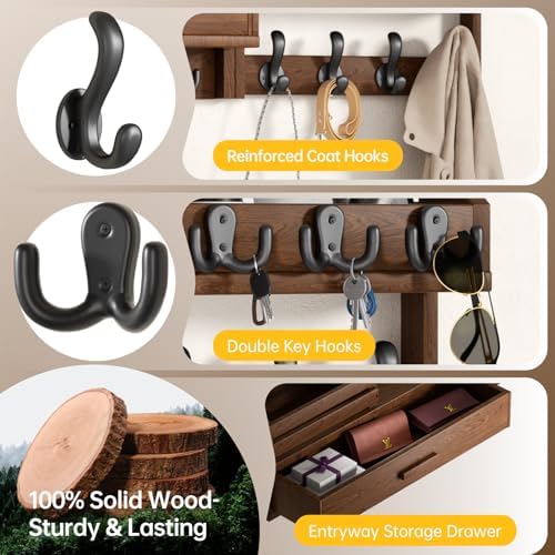 Solid Wood Wall Mounted Coat Rack with Shelf & Drawer - Image 5