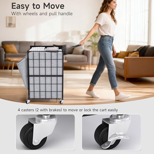90L Laundry Basket with Wheels, Large Capacity Laundry Hamper with Removable Liner Bags, Heavy Duty Laundry Sorter with Solid Wood Lid & Leather Handles, Grey - Image 5
