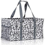Extra Large Utility Tote Bag - Oversized Collapsible Reusable Wire Frame Rectangular Canvas Basket With Two Exterior Pockets For Beach, Pool, Laundry, Car Trunk, Storage - Damask Gray by Lucazzi